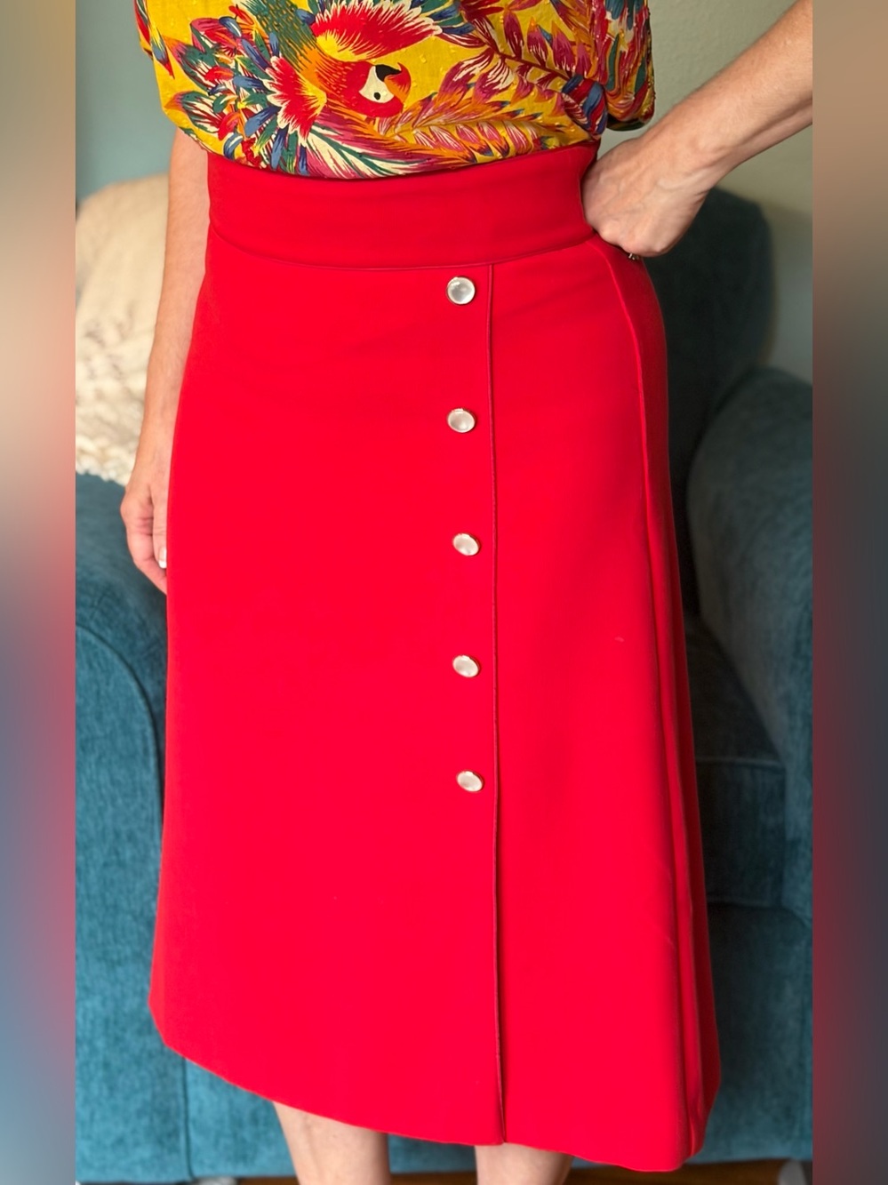 Ann Taylor Red Midi Skirt with Side Buttons